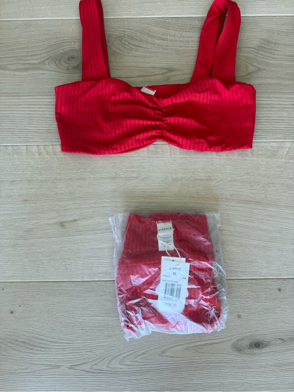 l*space Vibrant Red Ribbed Bikini Top with Wide Straps